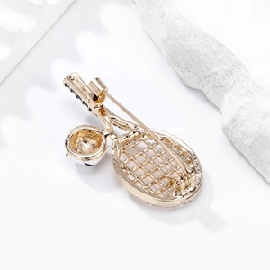 Creative alloy rhinestone tennis racket brooch with gold plating and mesh detail
