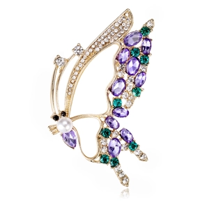 Elegant Alloy Butterfly Brooch With Purple Green Crystal Faux Artificial Pearl Inlaid Gold Plated Animal Pin Jewelry For Women