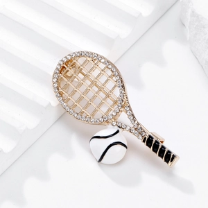 Creative gold tennis racket brooch with sparkling rhinestones and black enamel detail