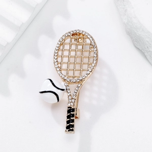 Creative alloy tennis racket brooch with sparkling rhinestones and a small 3D ball design