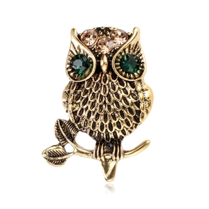 Vintage Eule Brosche Für Damen Herren Antikgold Legierung Tier Reversnadel Mit Grünen Strass Augen Mode Schmuck Geschenk