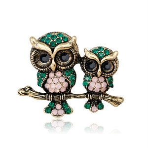 Vintage Antique Gold Double Owl Brooch Rhinestone Animal Pin Branch Design For Women Men Jewelry Clothing Accessories