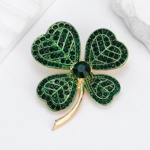 Vintage Legering Groene Strass Klavertje Vier Brosche Voor Vrouwen Elegante Vergulde Emaille Plant Borstspeld Sieraden Cadeau