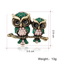 Retro gold owl brooch with pink and green crystals on tree branch, 3.6cm x 2.9cm
