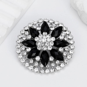 Elegant silver flower brooch with black marquise crystals and clear rhinestones for women
