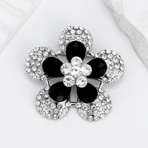 Elegant five-petal black gemstone flower brooch with sparkling rhinestones in silver alloy