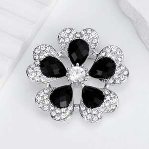 Élégante Broche Fleur Avec Pierres Noires en Forme de Goutte d'Eau et Strass en Alliage d'Argent pour Femme Bijoux de Mariage