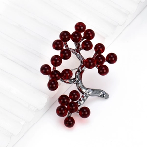 Elegant retro berry tree brooch with red beads and textured alloy branch for women