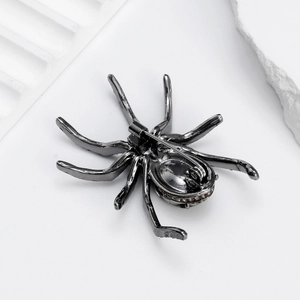 Black crystal spider brooch with rhinestone accents and pin closure shown from the back view