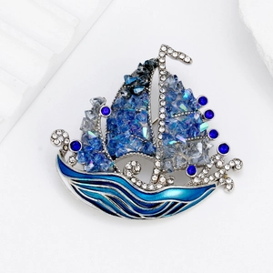 Elegante Broche de Velero Esmalte de Aceite Strass Cristal Náutico Velero Pin de Solapa de Aleación de Plata Joyería Moda Regalo