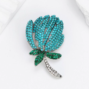 Exquise Broche Fleur de Tulipe de Luxe pour Femmes Alliage Strass Bleu Vert Élégante Broche Corsage Accessoires de Bijoux