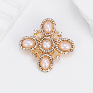 Vintage Baroque cross brooch with pink pearls and rhinestones on gold metal base