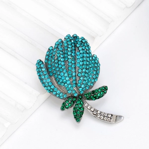 Broche tulipe exquise avec cristaux bleus et verts sur base en alliage argenté