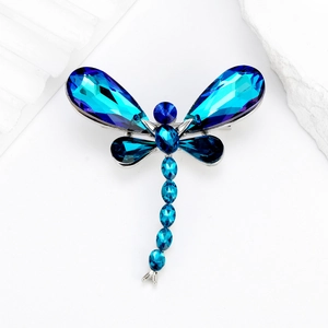 Elegant crystal dragonfly brooch with blue gemstones on silver base for women suits