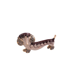 Broche teckel en émail avec strass scintillants, tons crème et marron café