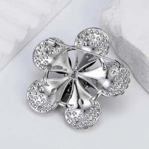 Elegant silver alloy flower brooch with black rhinestone and secure back pin closure