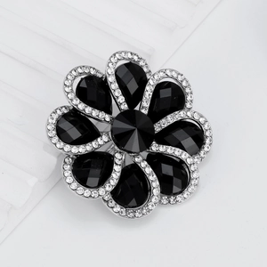 Elegant silver alloy flower brooch with black teardrop crystals and sparkling rhinestones