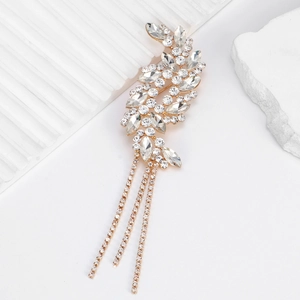 Luxury Alloy Rhinestone Leaf Brooch With Long Tassel Gold Silver Crystal Pin For Women Banquet Wedding Accessories