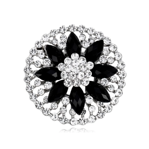 Elegant Alloy Flower Brooch With Rhinestones And Black Artificial Gemstones Vintage Pin For Women Wedding Banquet Jewelry