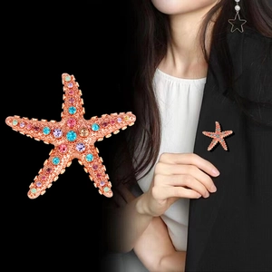 Elegant starfish brooch with colorful crystals and rose gold plating on a black suit lapel