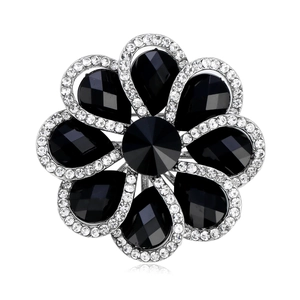 Vintage Zinc Alloy Flower Brooch For Women Elegant Rhinestone Black Gem Floral Corset Pins Fashion Jewelry Accessories