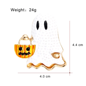 Ghost holding pumpkin basket Halloween brooch in enamel alloy, 4.4cm by 4.0cm size