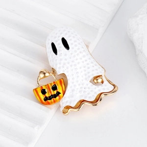 Halloween Ghost Holding Pumpkin Enamel Brooch Zinc Alloy Gold Plated Creative Festive Cartoon Lapel Pin For Party Unisex Jewelry
