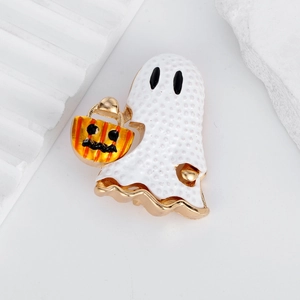 Ghost Halloween brooch with orange pumpkin basket in gold-tone metal with enamel details