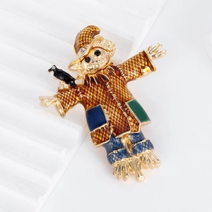 Vintage Scarecrow Enamel Brooch With Black Bird Rhinestone Alloy Pin Halloween Party Jewelry Gift For Women Men