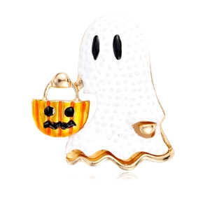 Halloween ghost brooch holding a pumpkin lantern in white enamel with gold metal finish