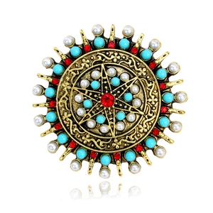 Retro Bohemian Round Sunburst Brooch For Women Zinc Alloy Artificial Pearl Rhinestone Antique Gold Ethnic Palace Pin Jewelry