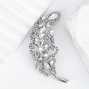 Elegant Alloy Silver Feather Brooch With Rhinestone And Crystal For Women Luxury Suit Pin Coat Accessory Corsage Jewelry