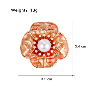 Vintage orange enamel camellia flower brooch with pearls in gold-tone metal, 13g weight
