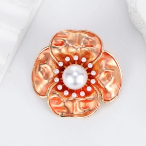 Vintage Alloy Camellia Flower Brooch Elegant Enamel Faux Artificial Pearl Pin Gold Plated Floral Breastpin For Women Party Jewelry