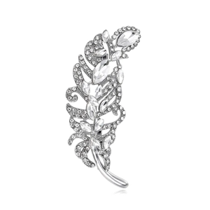 Elegant vintage feather brooch in silver alloy with sparkling rhinestone crystals