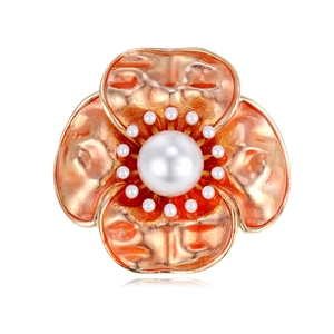 Vintage orange enamel camellia flower brooch with pearl center on gold finish