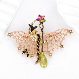 Vintage bat brooch with witch hat, spider pendant and colorful crystal wand for Halloween