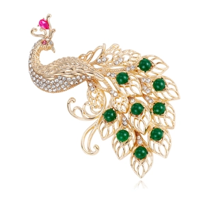 Vintage Alloy Peacock Brooch For Women Elegant Rhinestone Inlaid Animal Breastpin Hollow Out Green Bead Clothing Accessory