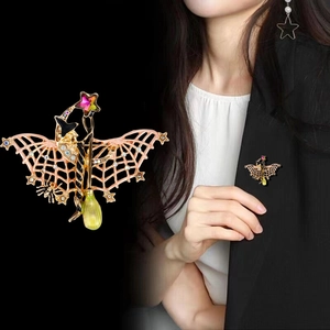 Halloween bat and witch hat brooch with colorful crystals and pink filigree wings