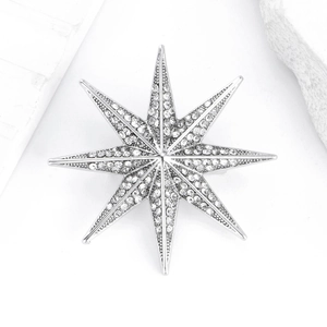 Macro shot of a silver-colored octagonal star brooch with sparkling rhinestones details