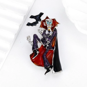 Gothic vampire magician brooch with purple glitter and red enamel bat pendant pin
