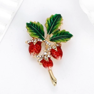 Elegant strawberry brooch with red enamel berries, green leaves and gold plated accents