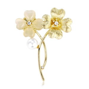 Elegante Spilla a Forma di Fiore in Lega Placcata Oro con Strass Perla Artificial e Pietra Occhio di Gatto Gioielli Donna Accessori