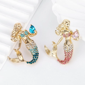 Exquisite mermaid brooch pins with sparkling blue and pink teardrop crystals in gold alloy