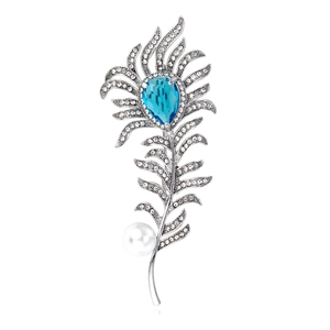 Elegant Alloy Feather Brooch For Women Inlaid Blue Zircon Rhinestone White Artificial Pearl Dress Suit Pin Jewelry Banquet Accessories