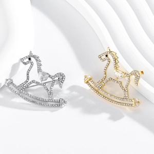 Exquisite hollow rocking horse brooches in gold and silver with sparkling crystals