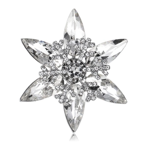 Elegant rotating K9 crystal snowflake brooch with marquise cut stones in silver setting