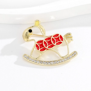 Vintage Alloy Rocking Horse Brooch With Red Enamel Coin Pattern Rhinestone Inlaid Gold Pin For Women Fashion Jewelry