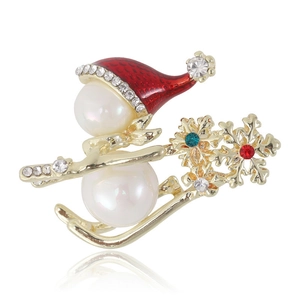 Broche de Noël bonhomme de neige avec perles, chapeau rouge et traîneau doré