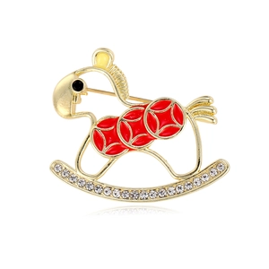 Luxury rocking horse brooch with red enamel patterns and sparkling crystal rhinestones